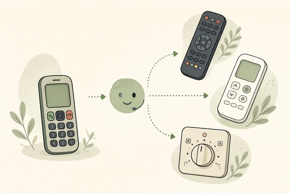 A phone guiding household remote controls and an oven dial