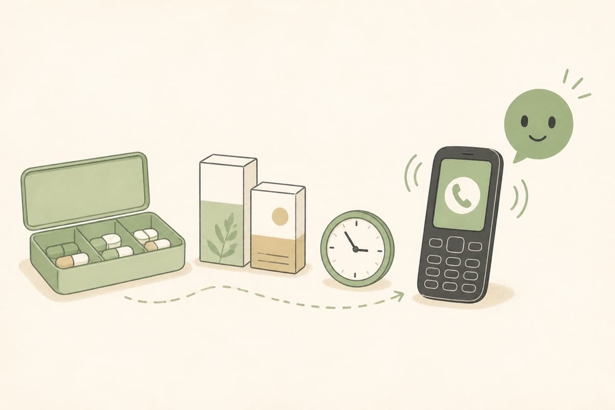 Medicine, a clock, and a simple phone arranged as a reminder